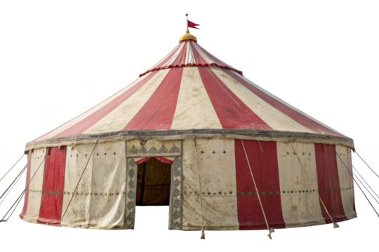 Vintage red and white striped circus tent with decorative trim isolated on transparent background
