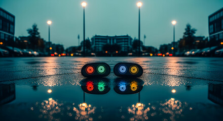 Colorful speakers reflection on a wet urban street with city lights and buildings