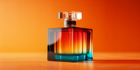 Luxurious glass perfume bottle with gradient liquid and orange background