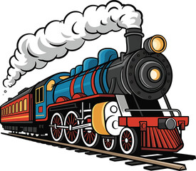 Colorful cartoon illustration of a vintage steam train locomotive with smoke and carriages