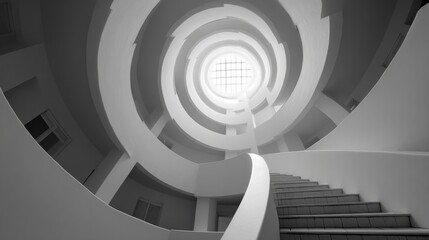 Fototapeta premium A captivating staircase winds upward, featuring smooth curves and minimalistic design. Soft natural light streams through a round skylight, enhancing the modern ambiance of the building.