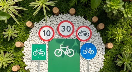 Creative arrangement of bicycle signs surrounded by greenery and natural elements providing a sustainable urban theme