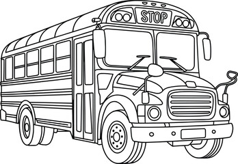 Detailed black and white outline illustration of a classic school bus for transportation