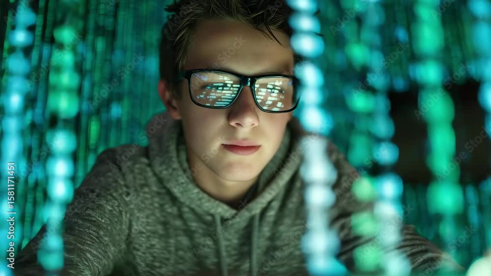 Poster a teenager boy wearing glasses interacts with vibrant digital displays and binary code in a tech foc
