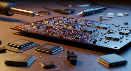 Complex Circuit Board Assembly Process with Soldering Iron and Components