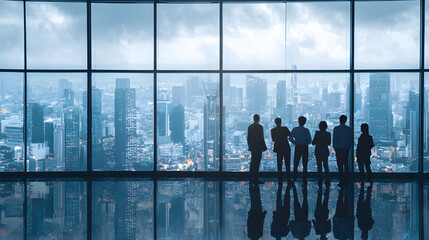 Group of business professionals observing smart city from skyscraper window, back view composition showing urban panorama --ar 16:9