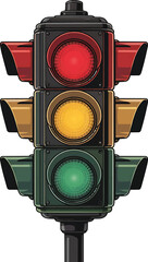 Illustration of a classic urban traffic light with illuminated red yellow and green signals