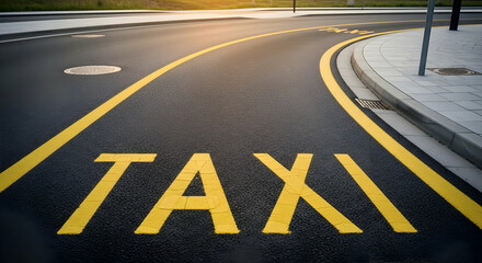 Designated Taxi Zone Marked With Yellow Paint On A Black Asphalt Road