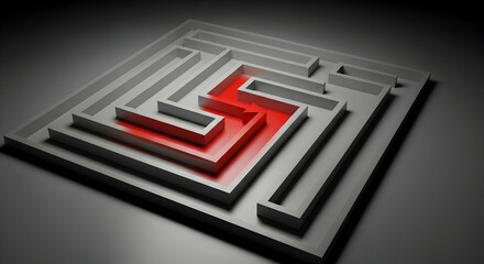 Complex gray maze with glowing red center symbolizing challenges and solutions