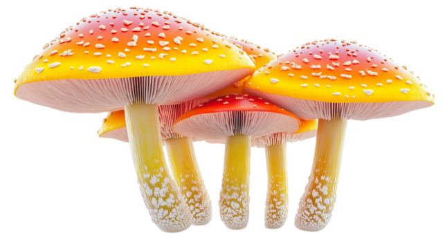 Group Of Colorful Fly Agaric Mushrooms With White Spots On Caps