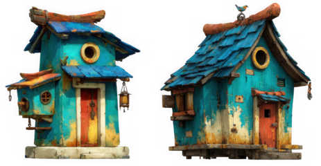 Two whimsical, colorful birdhouses with ornate details and rustic charm isolated on transparent background