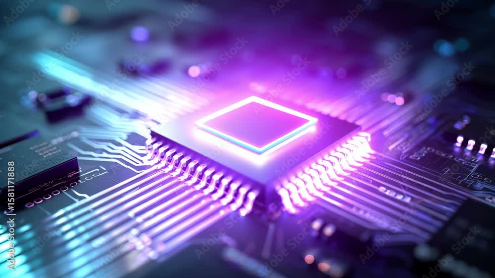Poster close up of a microchip illuminated by vibrant colors, revealing intricate details of circuitry and 