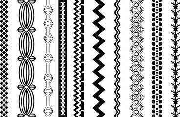 Diverse black and white decorative borders and design elements isolated on white background