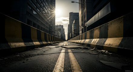 Desolate Urban Landscape With Cracked Road And Barrier In City Center