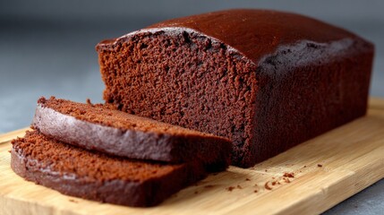 A chocolate cake is positioned on a cutting board with a piece of cake beside it on the same board