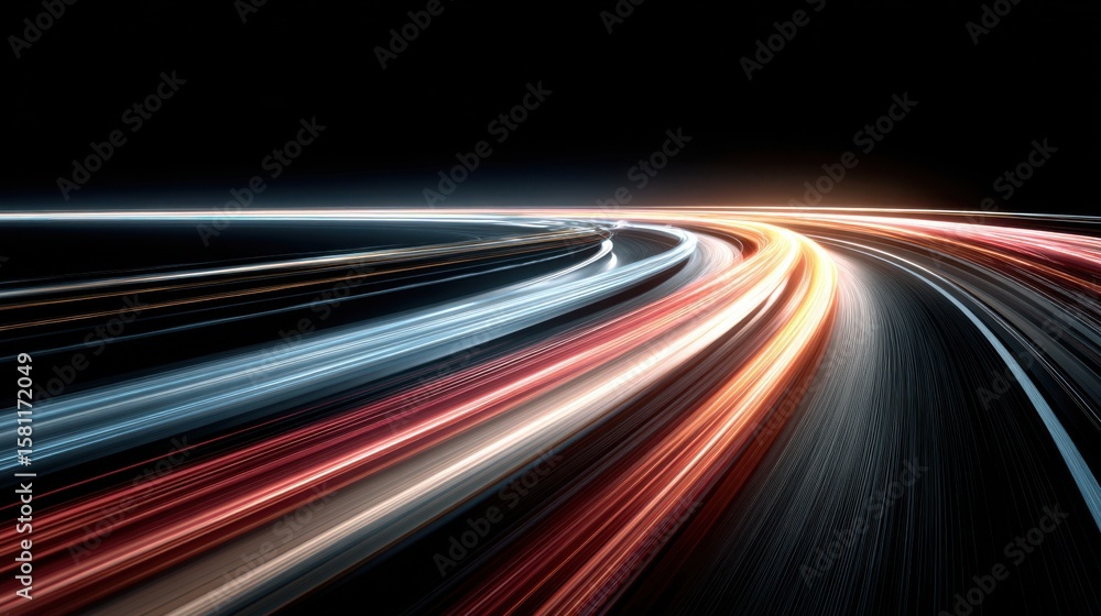 Poster bright streaks of red and white light create a dynamic visual effect along a curved, dark highway at