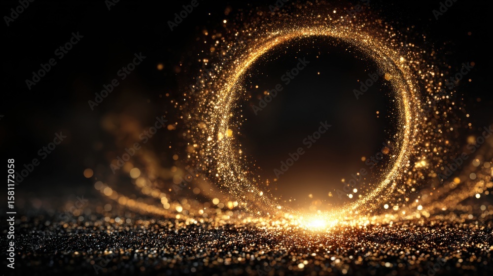 Poster golden particles swirl to form a luminous circle, creating a captivating and radiant display. the co