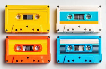 Fototapeta premium Obsolete media storage devices from the 90s, including VHS, audio cassette tapes, and VHS-C, represent retro analog equipment for music and movies