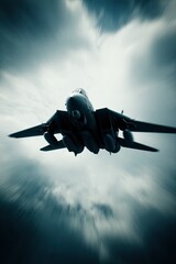 A military jet aircraft in flight against a dramatic sky.