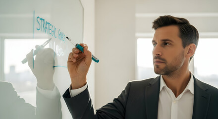 Concentrated Businessman Planning and Writing Strategic Goals on Whiteboard