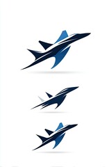 Three stylized jet aircraft silhouettes in flight.