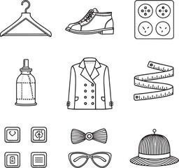 Fashion and Tailoring Icon Set – Clothing, Accessories, Perfume, Hanger, Measuring Tape, Hat, Shoes, Coat, Buttons, Glasses, Bow Tie – Line Art Style