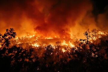 Fiery wildfire engulfs landscape at night