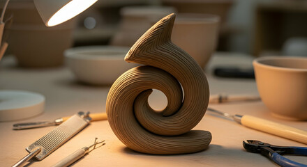Creative Ceramic Artwork Displaying Unique Coil Design Under Studio Lighting
