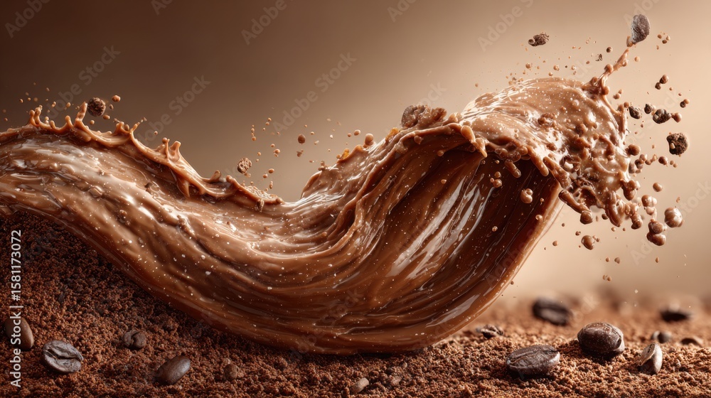 Poster rich chocolate flows dynamically, creating splashes and waves above a bed of coffee grounds. the sce