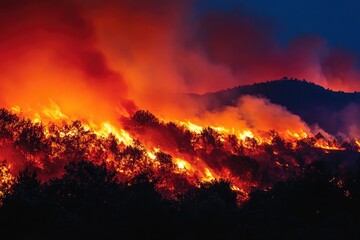 Forest fire at night, raging flames