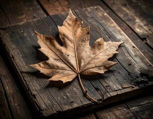 A single, dry maple leaf rests on a weathered, dark wooden plank, showcasing autumn's arrival and the beauty of nature's decay.