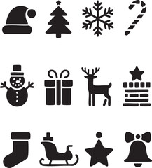 Christmas Icons Holiday Symbols, Santa Hat, Tree, Snowflake, Candy Cane, Snowman, Gift, Reindeer, Chimney, Stocking, Sleigh, Star, Bell
