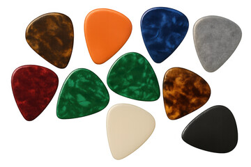 Vibrant guitar picks arranged semicircle-style, transparent backdrop highlighting musical accessories for creative sound design