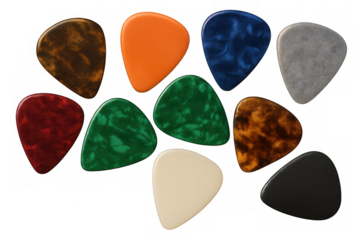 Vibrant guitar picks arranged semicircle-style, transparent backdrop highlighting musical accessories for creative sound design