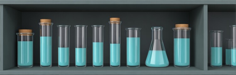 A science laboratory is equipped with shelves of glass beakers containing blue liquid, accompanied by a range of scientific instruments, illustrating a research environment focused on chemistry and