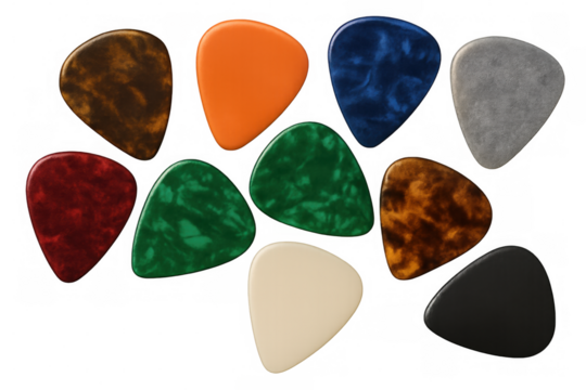 Vibrant guitar picks arranged semicircle-style, transparent backdrop highlighting musical accessories for creative sound design