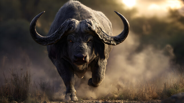Bufalo charges forward powerful wild animal dusty ground