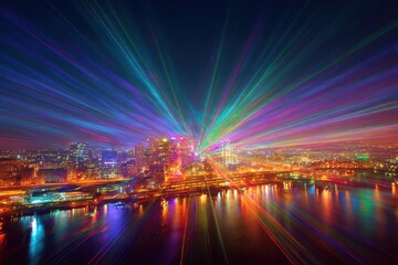 Fototapeta premium Colorful Laser Show Over City Skyline at Night.