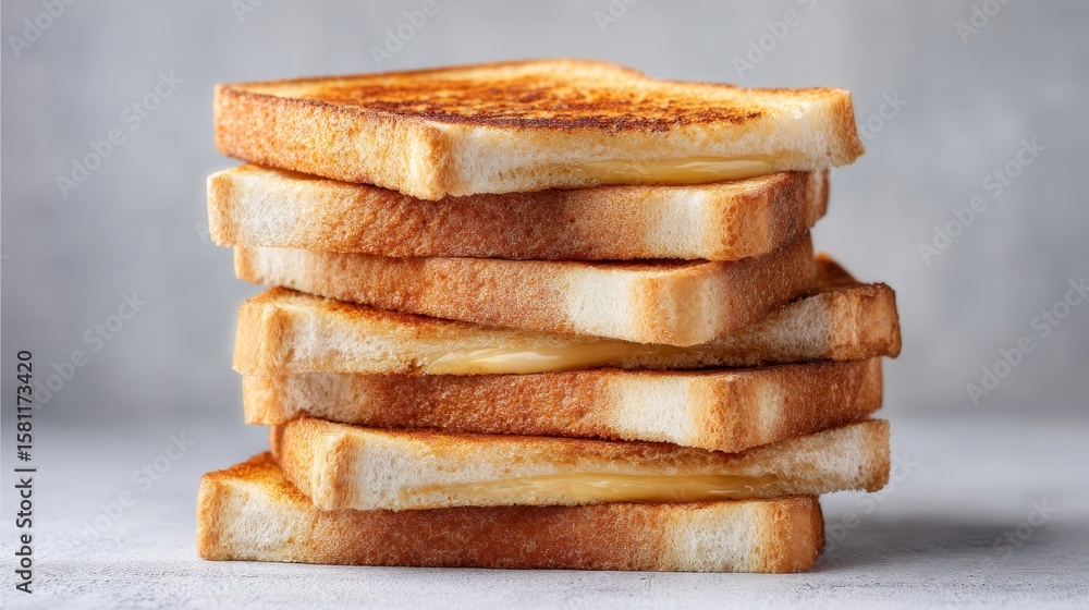 Poster on a white cloth, three slices of toast are arranged in a stack against a gray-colored backdrop
