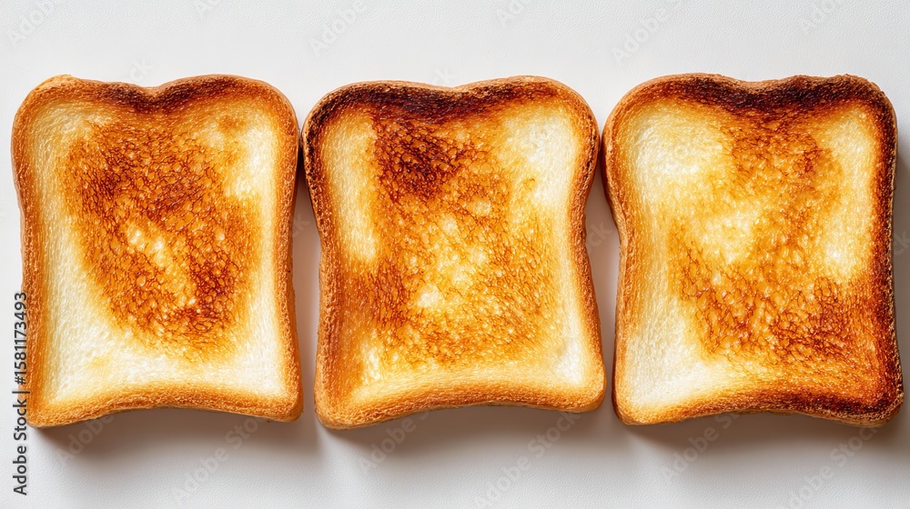 Poster powdered sugar dusts a white surface where three slices of toasted bread are stacked in a towering f