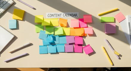 Creative Content Calendar Planning With Sticky Notes For Social Media Marketing