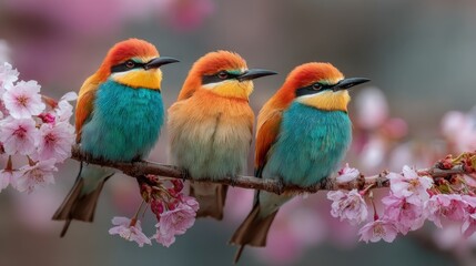 Fototapeta premium Three vibrant birds with orange and turquoise feathers rest on a branch adorned with pink cherry blossoms, showcasing nature's beauty during spring.