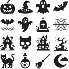 Spooky Halloween Icons Black and White Silhouettes for Decoration