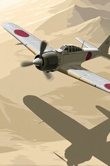 Vintage japanese warplane in flight over desert landscape.