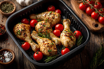 Raw seasoned chicken drumsticks with fresh tomatoes and herbs are arranged in an air fryer basket, surrounded by spices, cherry tomatoes on the vine, and rustic kitchen utensils on a wooden board