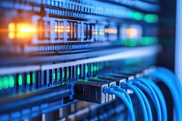 Close-up server rack with glowing components and blue cables
