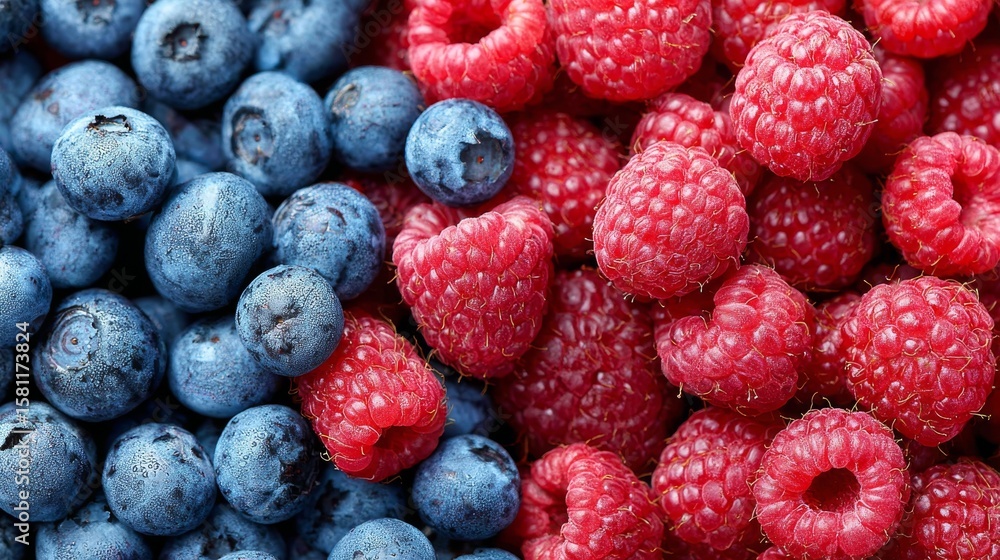 Poster an image shows a circular pattern of layered blueberries and raspberries in close-up detail
