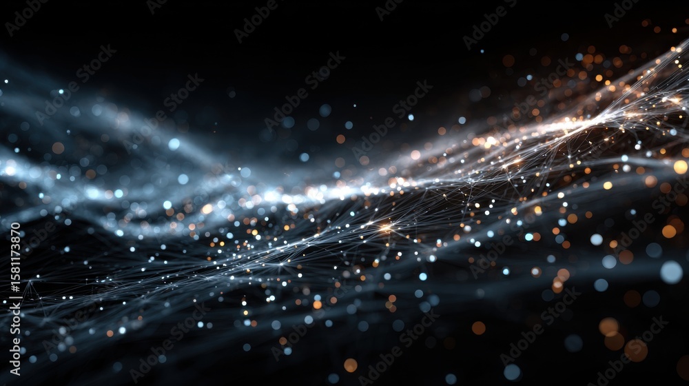Poster swirling patterns of light particles in shades of blue and orange illuminate a dark background, crea