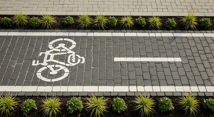 Detailed overhead view of a bicycle lane demarcated with white lines and green plants