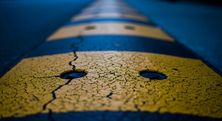Detailed perspective of a cracked and weathered speed bump road markings at night